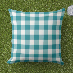 Classic Teal White Gingham Plaid Check Cushion