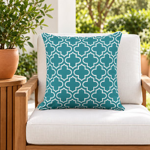 Classic Teal White Quatrefoil Trellis Cushion