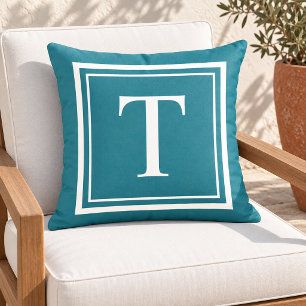 Classic Teal White Square Frame Monogram Cushion