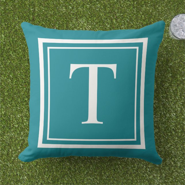 Classic Teal White Square Frame Monogram Cushion (Grass)