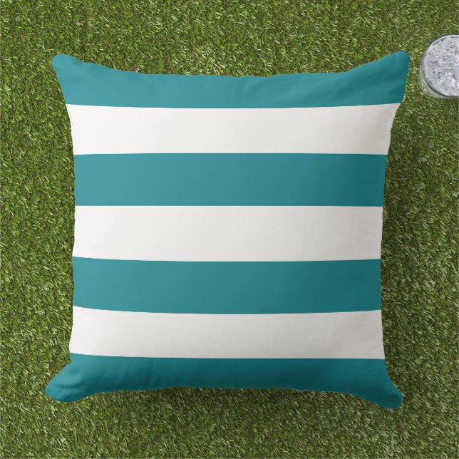 Classic Teal White Wide Horizontal Stripe Cushion (Grass)