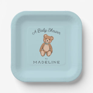 Classic Teddy Bear Blue Baby Shower Paper Plate