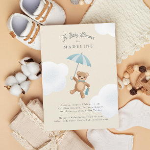 Classic Teddy Bear Blue Beige Baby Shower Invitation