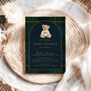 Classic Teddy Bear Green & Blue Plaid Baby Shower Invitation