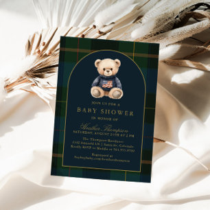 Classic Teddy Bear Green Plaid Baby Shower Invitation