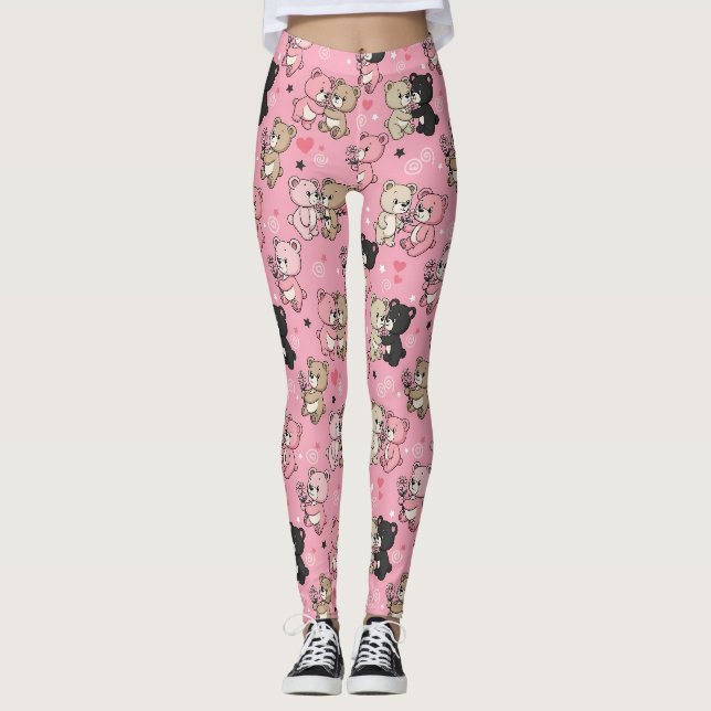 Classic Teddy Bear Hearts Pattern Leggings (Front)