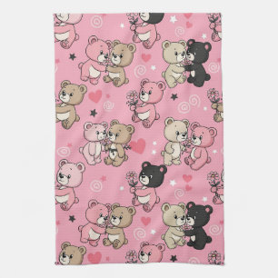 Classic Teddy Bear Hearts Pattern Tea Towel