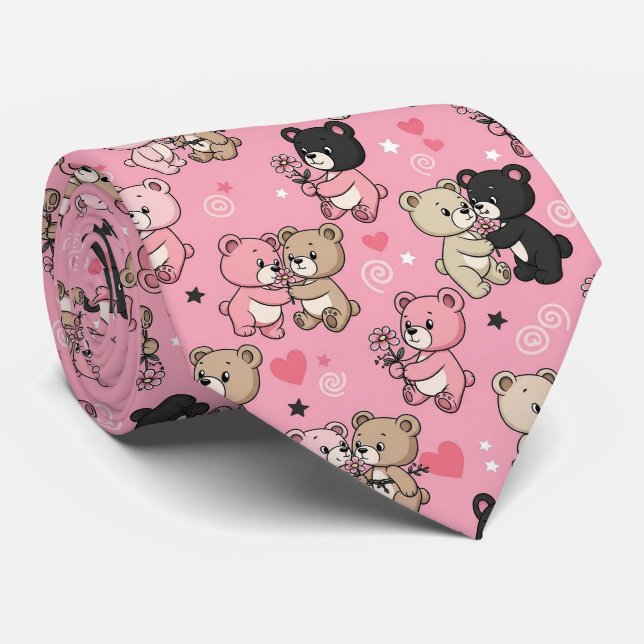 Classic Teddy Bear Hearts Pattern Tie (Rolled)