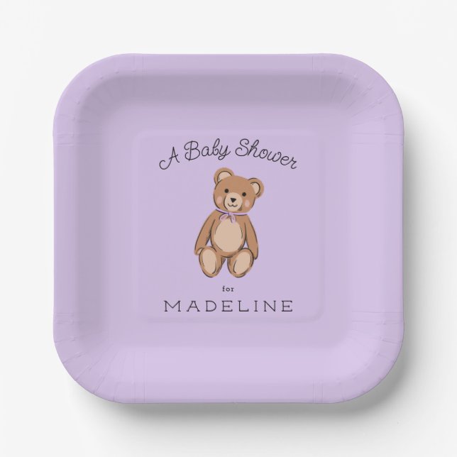 Classic Teddy Bear Lavender Purple Baby Shower Paper Plate (Front)