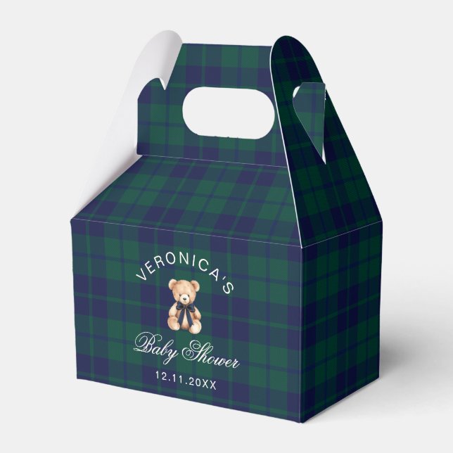 Classic Teddy Bear Navy Plaid Baby Shower Favour Box (Front Side)