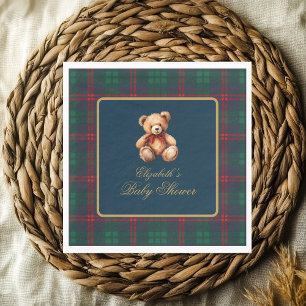 Classic Teddy Bear Navy Plaid Preppy Baby Shower Napkin