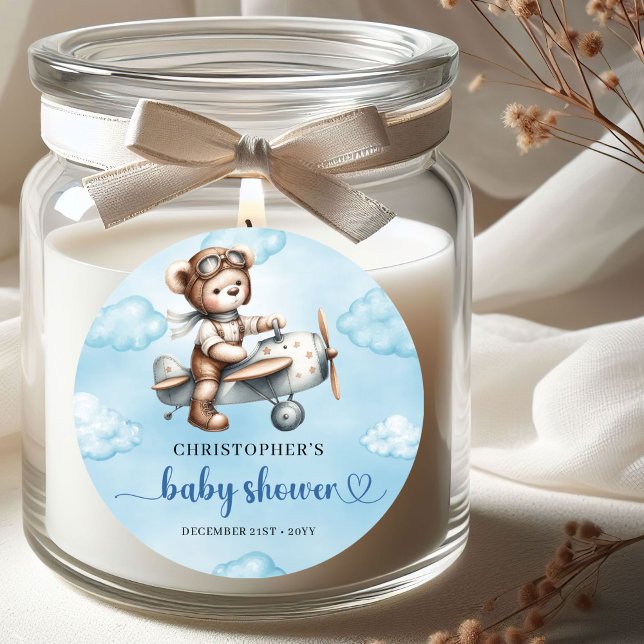 Classic Teddy Bear Pilot Blue Brown Baby Shower  Round Sticker (Classic Teddy Bear Pilot Blue Brown Baby Shower Sticker

)