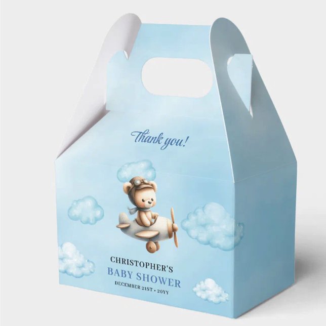 Classic Teddy Bear Pilot Blue Brown Boy Shower  Favour Box (Sweet Boy Shower Aviator Bear Blue Brown Box)