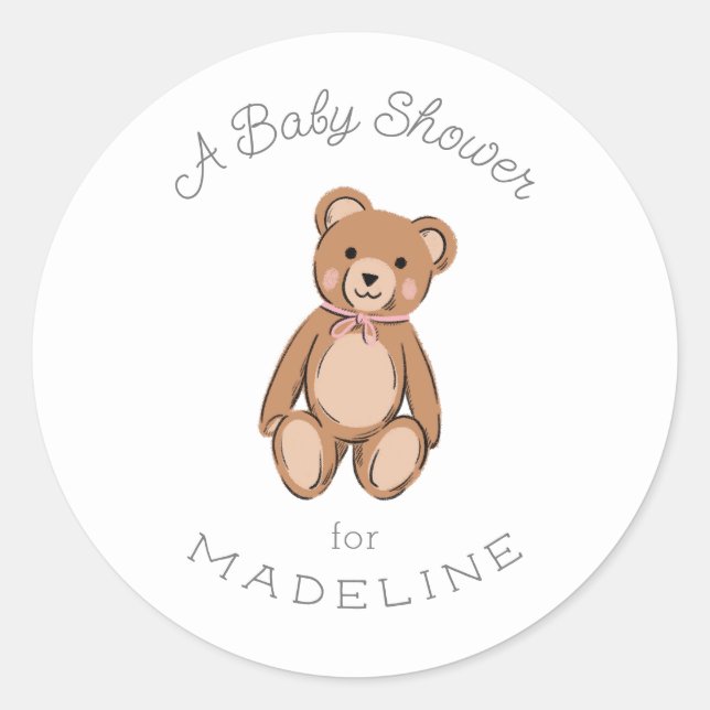 Classic Teddy Bear Pink Baby Shower Classic Round Sticker (Front)
