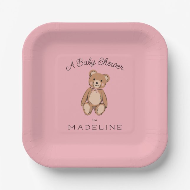 Classic Teddy Bear Pink Baby Shower Paper Plate (Front)