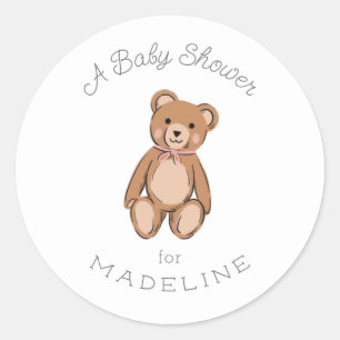 Classic Teddy Bear Pink Baby Shower Round Sticker