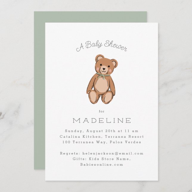Classic Teddy Bear Sage Green Baby Shower Invitation (Front/Back)