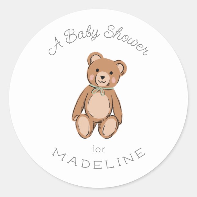 Classic Teddy Bear Sage Green Baby Shower Round Sticker (Front)