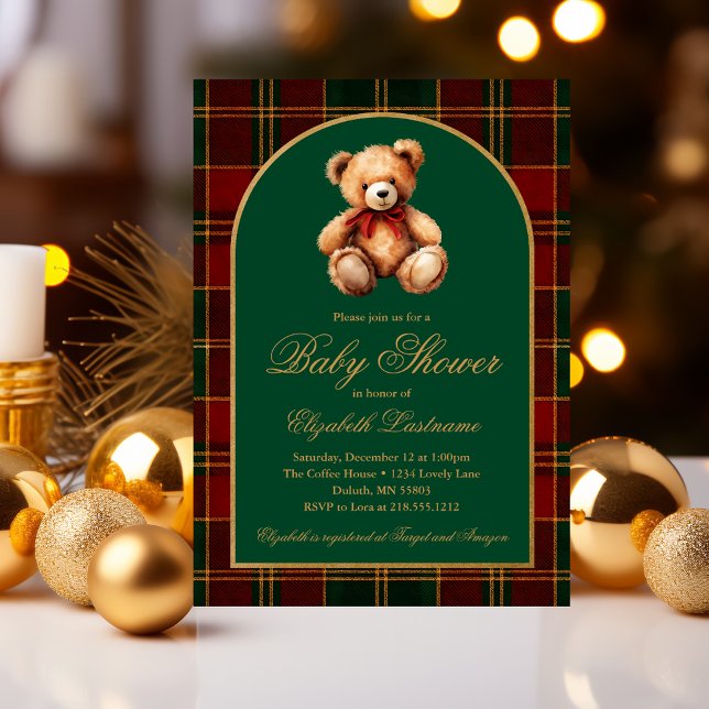 Classic Teddy Bear Tartan Plaid Preppy Baby Shower Invitation (Classic Teddy Bear Tartan Plaid Preppy Baby Shower Invitation #elegantbabyshower #holidaybabyshower)