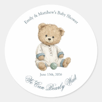 Classic Teddy Bear We can Bearly Wait Baby Shower Round Sticker
