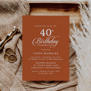 Classic Terracotta Calligraphy 40th Birthday Party Invitation