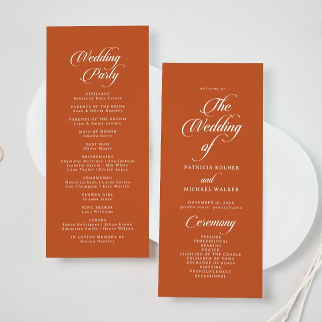 Classic Terracotta Calligraphy Tea Length Wedding Programme (Creator Uploaded)