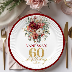 Classic Terracotta Gold Floral 60th Birthday Paper Plate