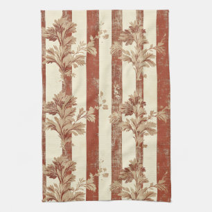 Classic Terracotta Red Toile Floral Cream Tea Towel