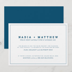 Classic text minimal navy blue and white wedding invitation