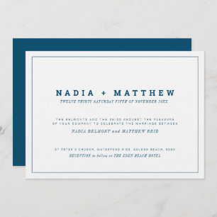 Classic text minimal navy blue and white wedding invitation