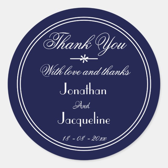 Classic Thank You Custom Names Navy Blue Wedding Round Sticker (Front)