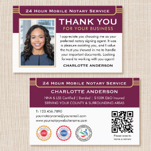Classic Thank You Notary Public Photo QR Code Plum Business Card