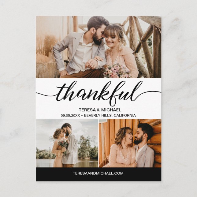 Classic Thankful Script 3 Photo Wedding Postcard (Front)
