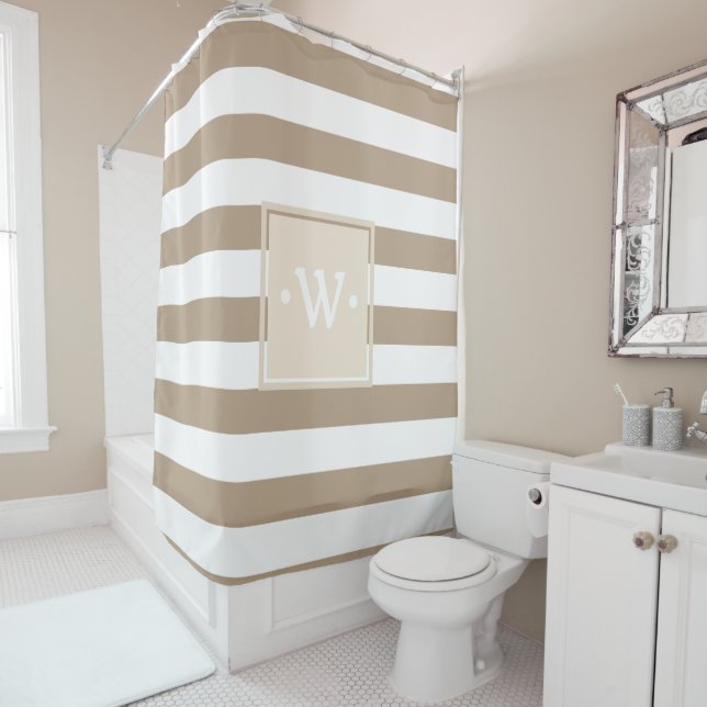 Classic Thick White Stripes Tan - Personalised Shower Curtain (In Situ)