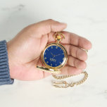 Classic Timepiece Navy Blue Gold Monogram Pocket Watch<br><div class="desc">Custom, personalised, unisex, elegant faux gold monogrammed on dark navy blue colour dial, stylish cool unique classy, mens womens unisex, premium alloy, classic timepiece, gold pocket watch. Simply type in your name / monogram / initials, to customise. Makes a great gift, for birthday, graduation, fathers day, christmas, holidays, wedding, marriage...</div>