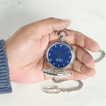 Classic Timepiece Navy Blue Silver Monogram Pocket<br><div class="desc">Custom, personalised, unisex, elegant faux silver monogrammed on dark navy blue colour dial, stylish cool unique classy, mens womens unisex, premium alloy, classic timepiece, silver pocket watch. Simply type in your name / monogram / initials, to customise. Makes a great gift, for birthday, graduation, fathers day, christmas, holidays, wedding, marriage...</div>