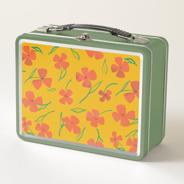 Classic Tin Lunchbox with Bright Red-Orange Flower (Front)