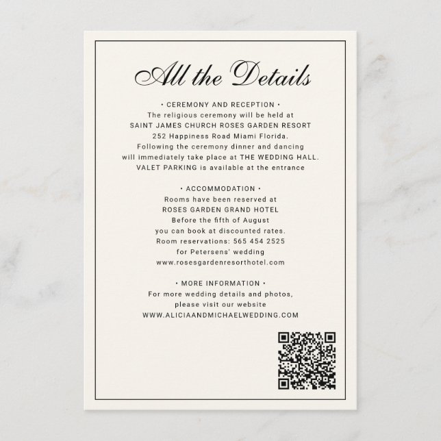 Classic traditional balck ivory wedding details enclosure card (Front)