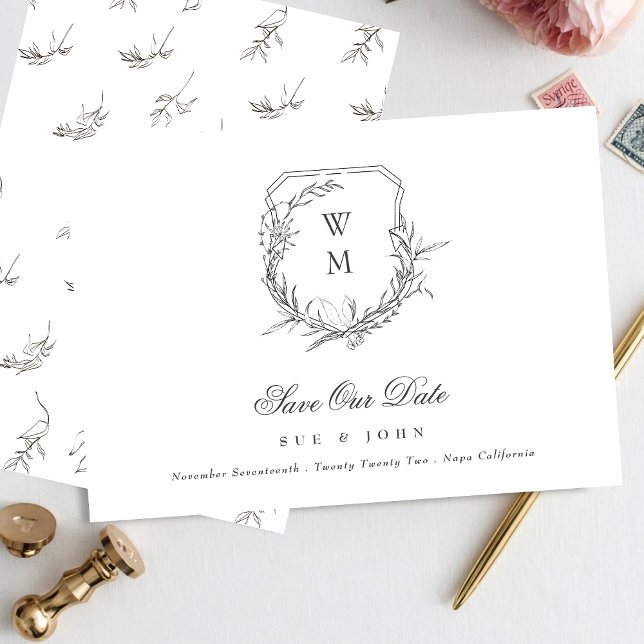 classic traditional leafy monogrammed crest save the date (Creator Uploaded)
