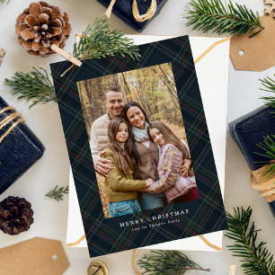 Classic traditional navy plaid two photo Christmas Holiday Card