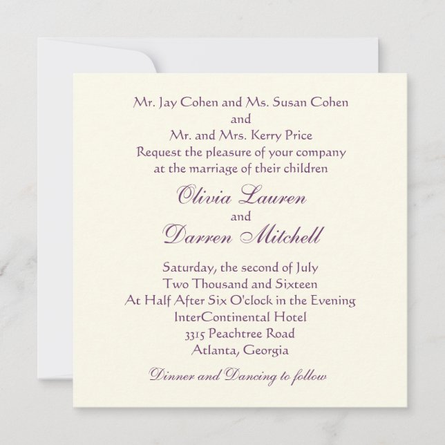 Classic Traditional Wedding Invitation - Purple (Front)