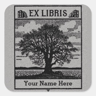Classic Tree with Books Ex Libris Bookplate - Grey Square Sticker