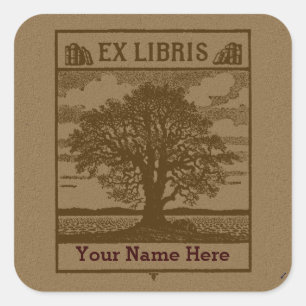 Classic Tree with Books Ex Libris Bookplate Square Sticker