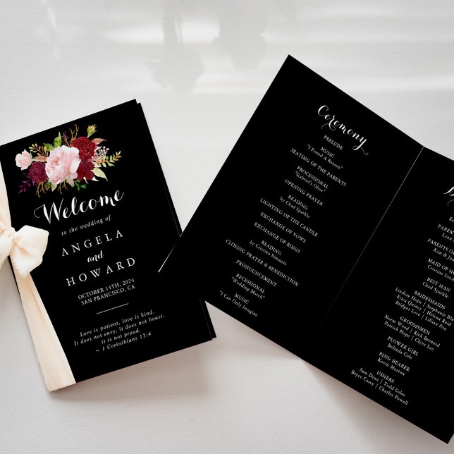 Classic Tropical Black and Burgundy Folded Wedding Programme (Creator Uploaded)