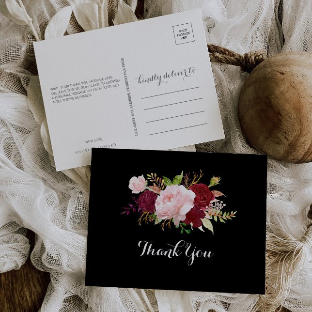 Classic Tropical Black and Burgundy Thank You Postcard (Creator Uploaded)