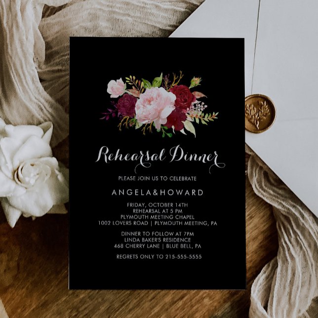 Classic Tropical Black Burgundy Rehearsal Dinner Invitation (Creator Uploaded)