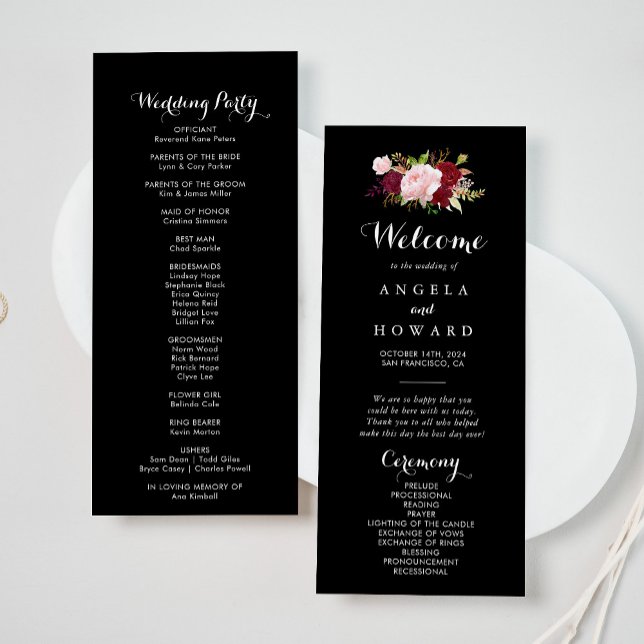 Classic Tropical Black Burgundy Wedding Program Programme (Creator Uploaded)