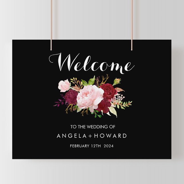 Classic Tropical Black Burgundy Welcome Wedding Poster (Creator Uploaded)