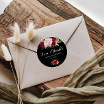 Classic Tropical Black Love & Thanks Wedding Classic Round Sticker<br><div class="desc">This classic tropical black love & thanks wedding classic round sticker is perfect for a rustic wedding. The artistic bordo marsala design features  watercolor,  green,  pink,  burgundy and blush roses assorted with greenery neatly arranged in a graceful and radiant flower bouquet.</div>