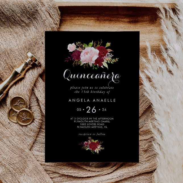 Classic Tropical Black Quinceañera Birthday Party Invitation (Creator Uploaded)